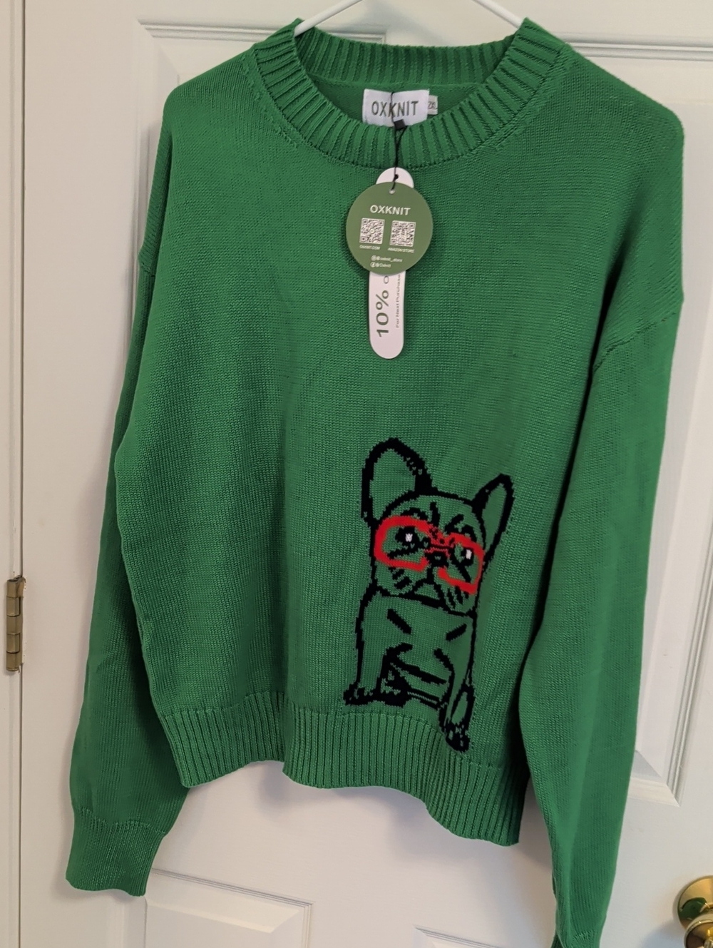 OXKNIT Green Sweater with French Bulldog Graphic